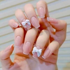 Parisian Girl Pink White Tip French Manicure Bow 24 Set Square Press On Nails